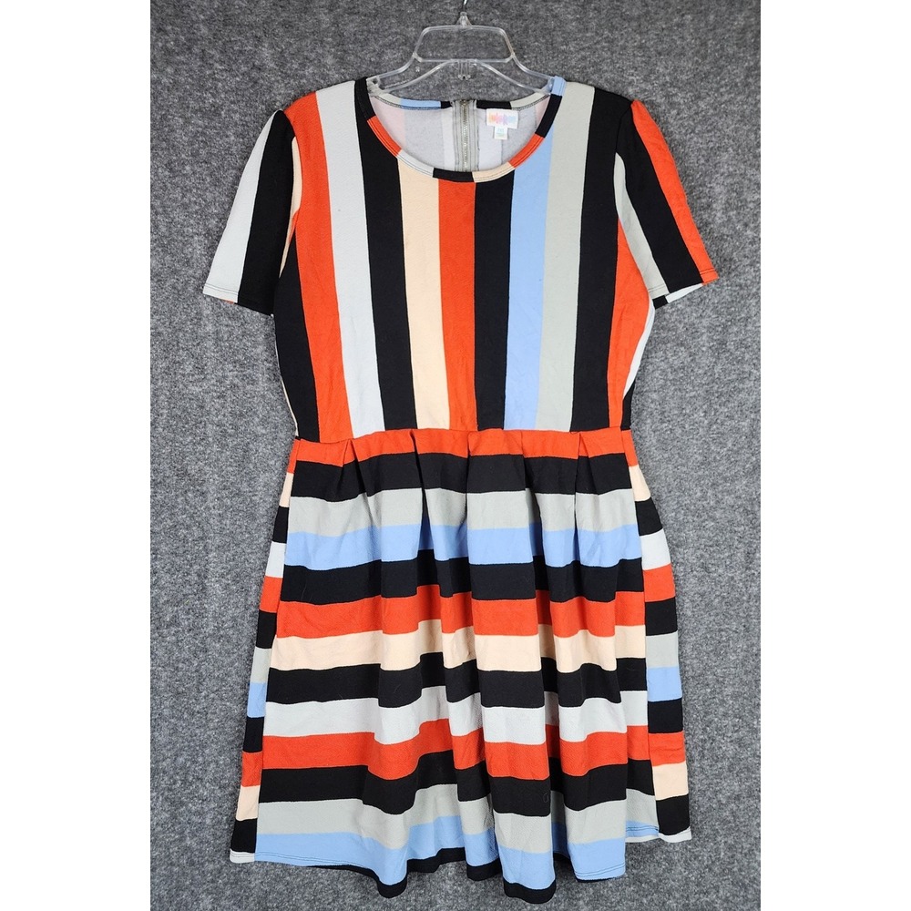 LuLaRoe Dress Womens 2XL Amelia Multicolor Striped Short Sleeve Exposed Zip EUC